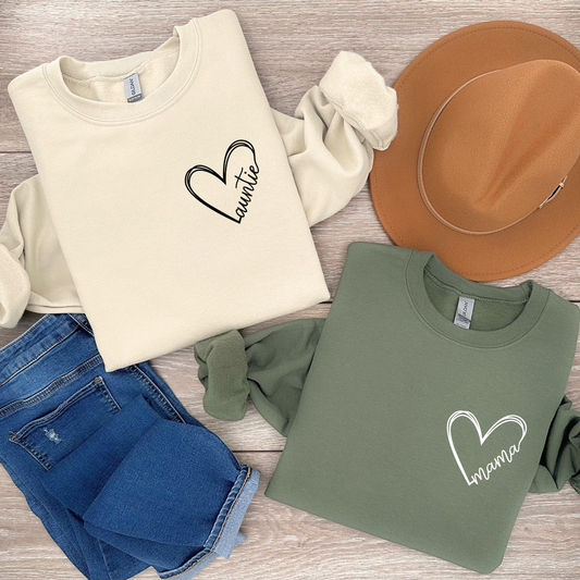 Grandma, Nana, Auntie, Etc. Heart Crewnecks