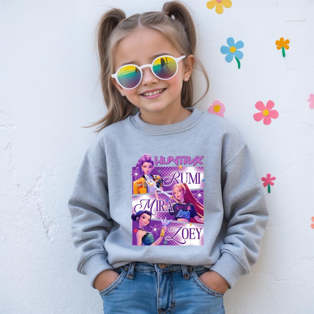 Huntrix Rumi Mira Zoey K-Pop Demon Hunters Kids Tees/Crewnecks/Hoodies