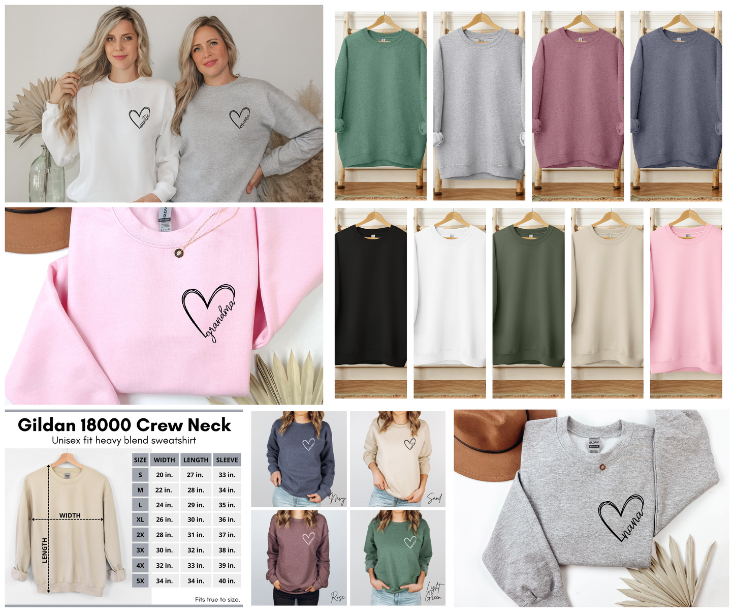 Grandma, Nana, Auntie, Etc. Heart Crewnecks