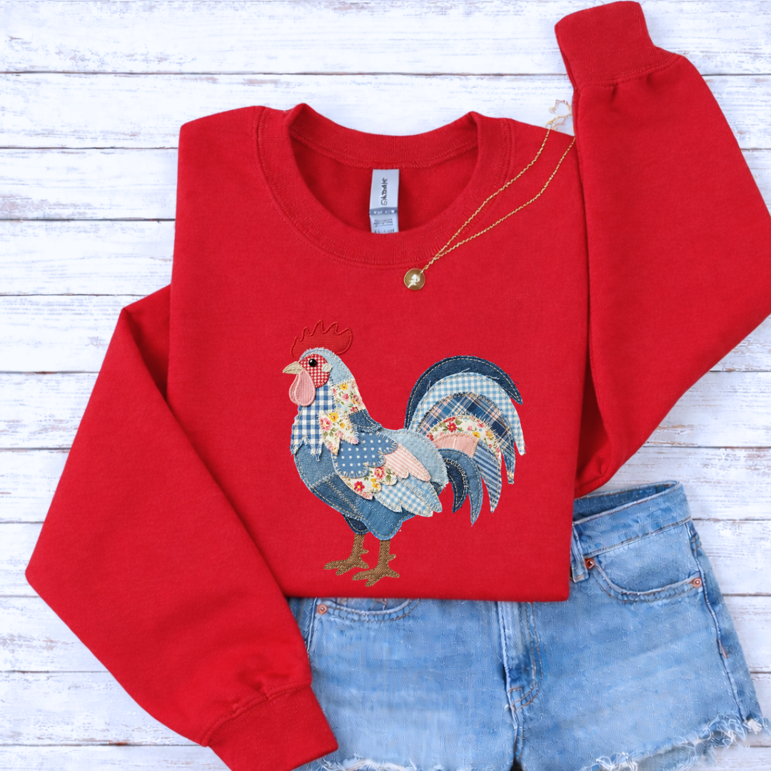 Faux Quilted Patchwork Rooster Crewnecks