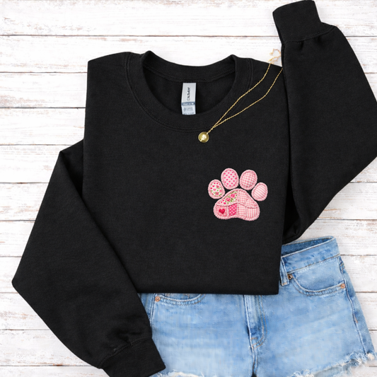Faux Patchwork Pink Paw Tees/Crewnecks