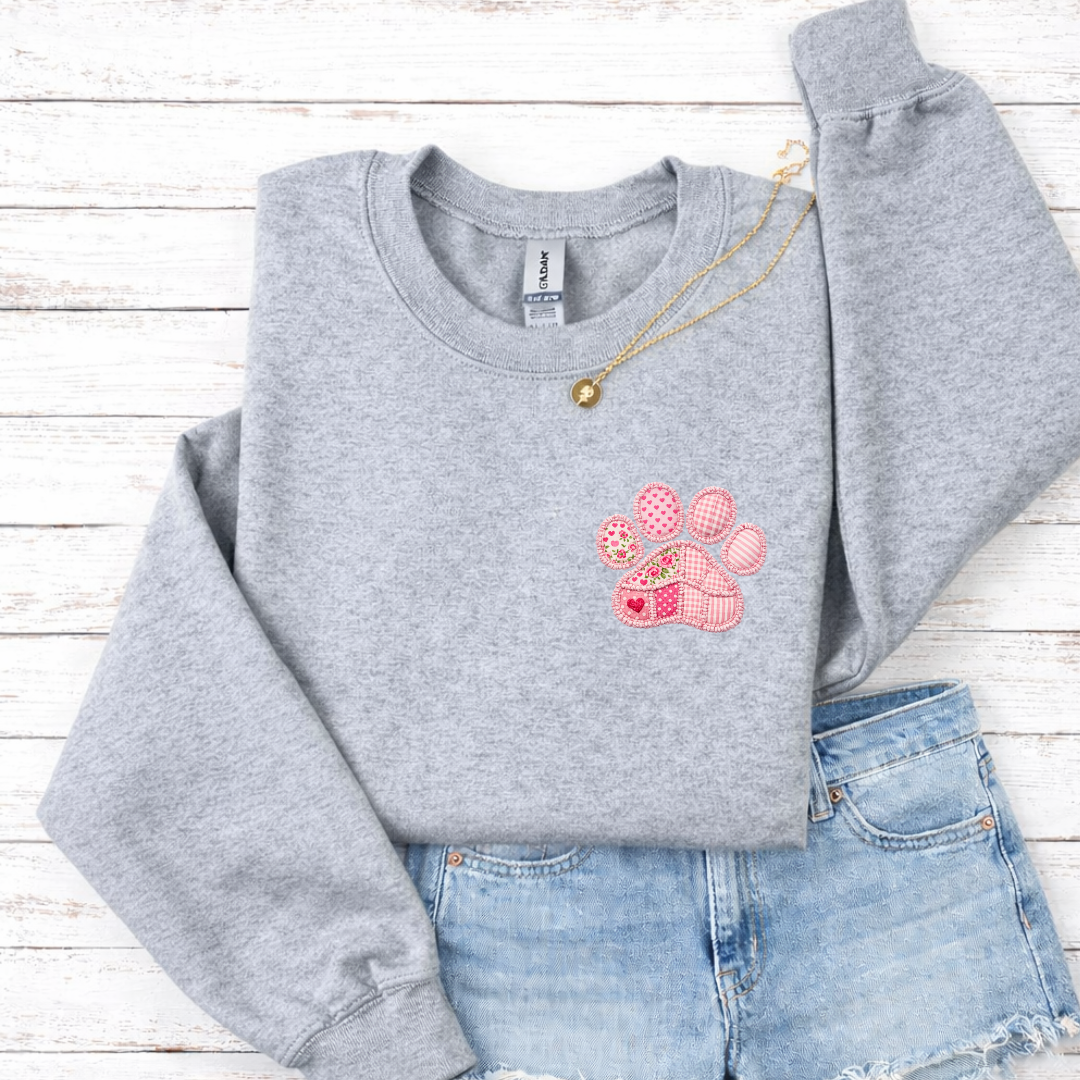 Faux Patchwork Pink Paw Tees/Crewnecks
