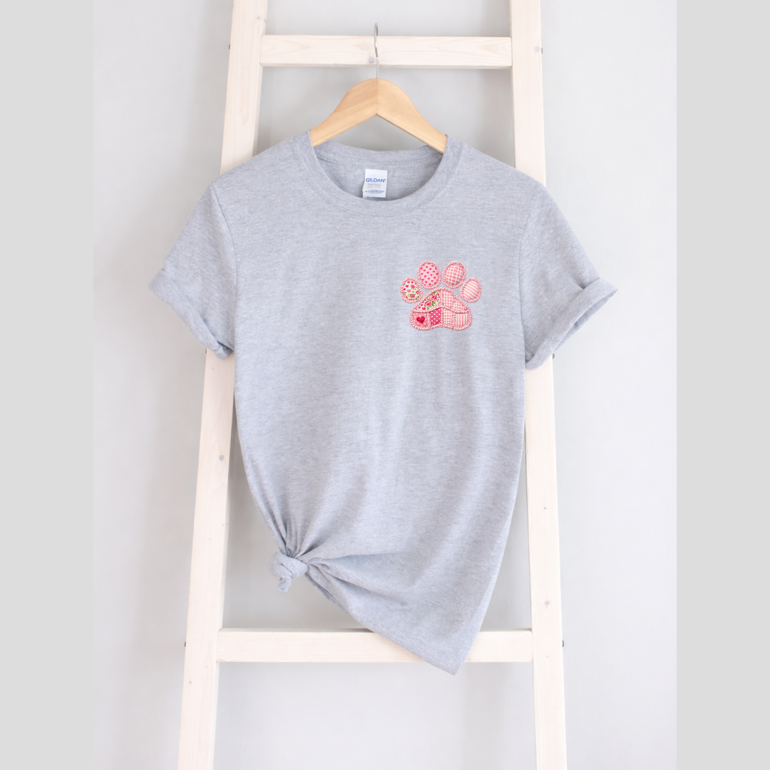 Faux Patchwork Pink Paw Tees/Crewnecks
