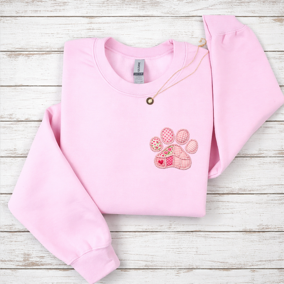 Faux Patchwork Pink Paw Tees/Crewnecks