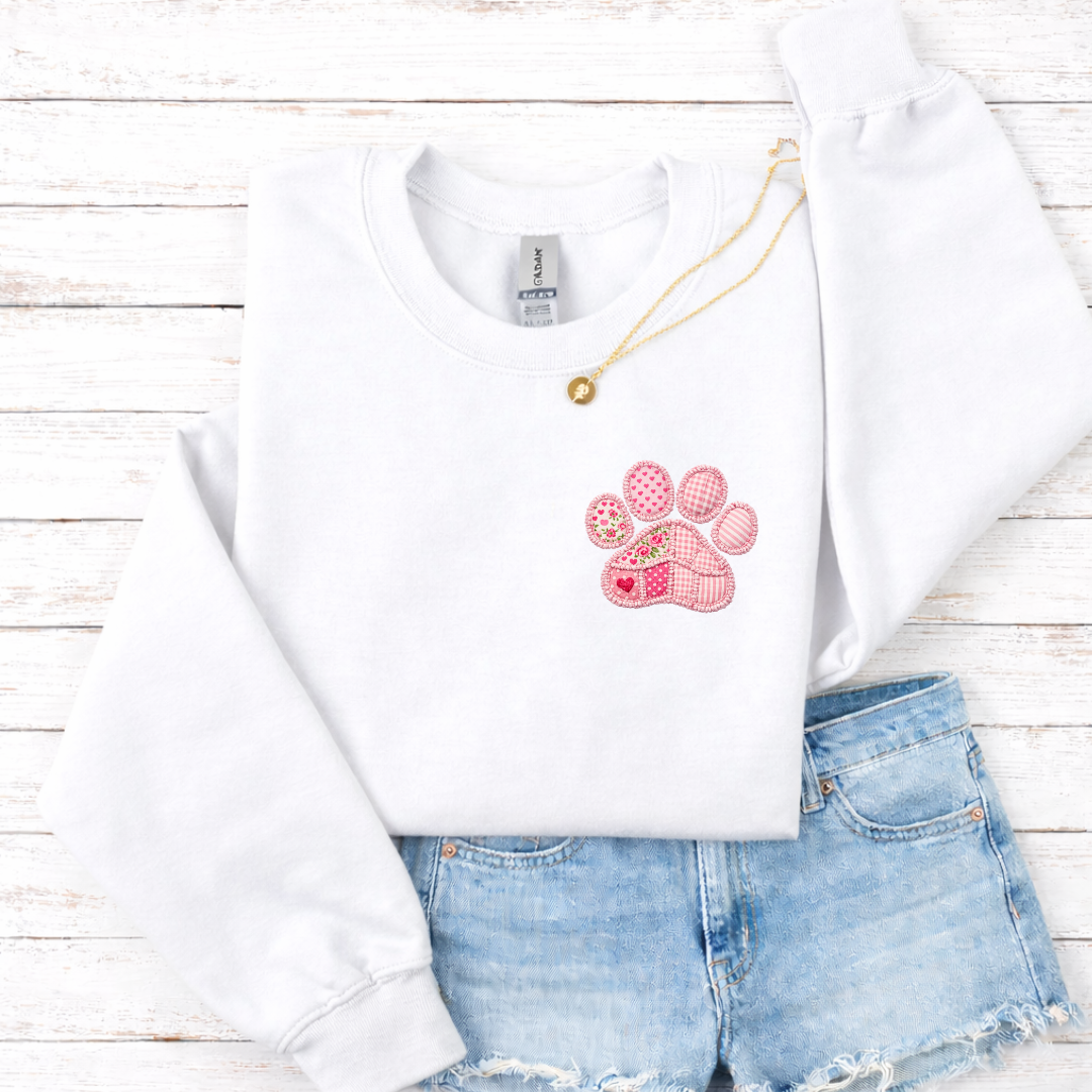 Faux Patchwork Pink Paw Tees/Crewnecks