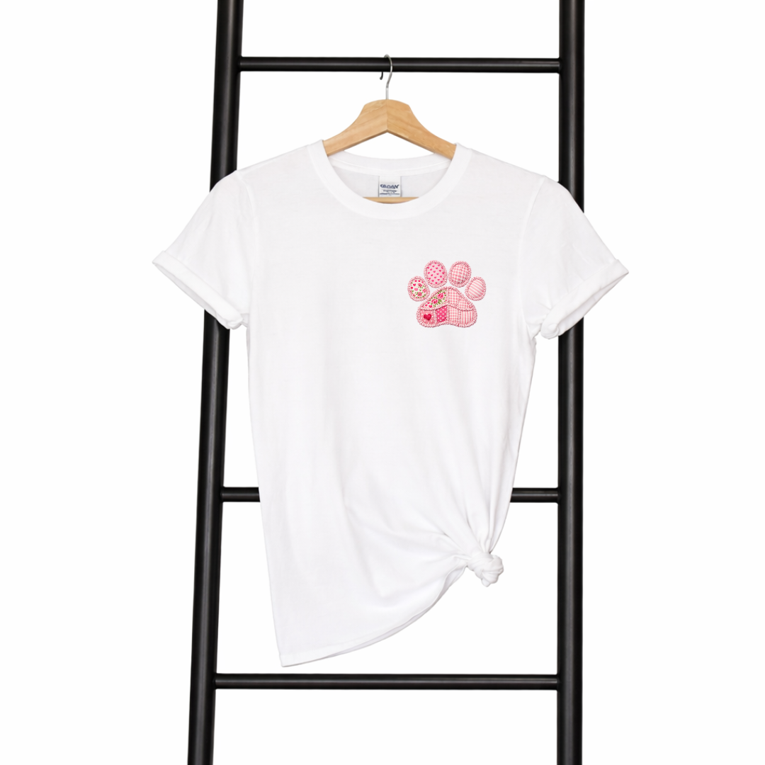 Faux Patchwork Pink Paw Tees/Crewnecks