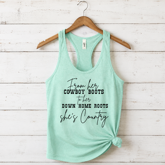 She's Country Racerback Tanks